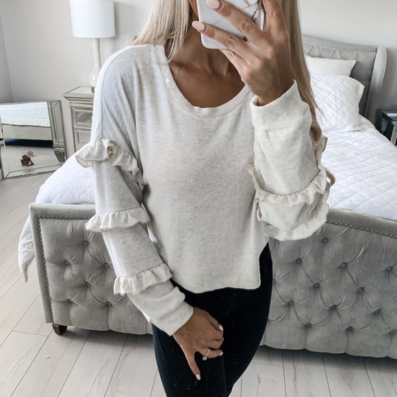 Ruffle Oatmeal Long Sleeve Detail Loose Top - Picture 3 of 11